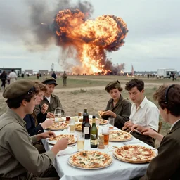 vintage photo of a pizza party on omaha beach in normandy with explosions in the background