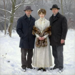 Richard Schmid and Jeremy Lipking full length portrait painting of a young beautiful edwardian girl hold a victorian fur handwarmer standing in the snow