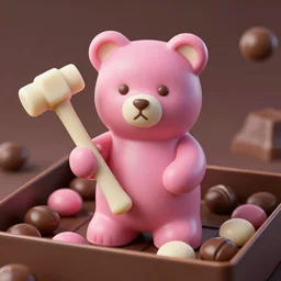 A pink chocolate bear is inside a box and holding a white chocolate hammer surrounded by chocolate candies. From Blade Runner 2049 (2017), tooth wu, alfons, mucha, trending on artstation, 4k ultra hd, super detailed, octane render,