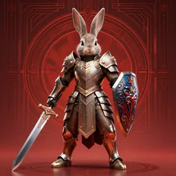 Anthropomorphized Rabbit in full armor carrying Sword and Shield, full body, menacing pose, concept art, insanely detailed and intricate, hypermaximalist, elegant, ornate, hyper realistic, super detailed, tribal red atmosphere, Art Deco, cinematic, trending on artstation, magic the gathering artwork, centered