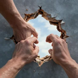 a pair of giant hands ripping open a hole in the sky. digital artwork, epic, highly detailed.