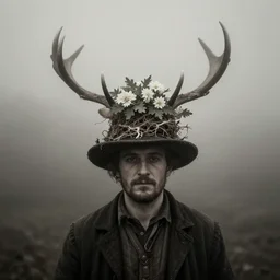 portrait photography of tyrolean farmer wearing huge decorated hat, roots on hat, edelweiss on hat, antlers on hat, fog, desaturated, fog, dark, eerie, 1 9 2 0 s ghost photography