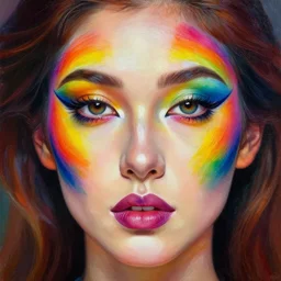 a beautiful detailed painting of a woman with her face painted in rainbow colors. stunning 🌈 face paint. rich, colorful. close up on highly detailed gorgeous face. by artgerm and greg rutkowski and alphonse mucha