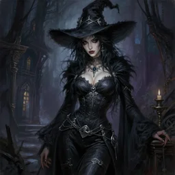 painting of alluring witch in the haunted house, detailed face, messy black hair, skintight robes and pants, hat, silver accessories, high fantasy, dnd, extremely detailed, smooth, sharp focus, intricate, art by rebecca guay, rossdraws, magali villeneuve