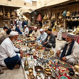 an open air market in Egypt, vendors are selling wares, ancient relics, and mysterious trinkets