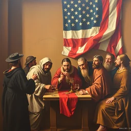 museal painting of inquisition with an american flag in background,