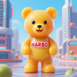 portrait of haribo bear in future city, color and shape focus, ce