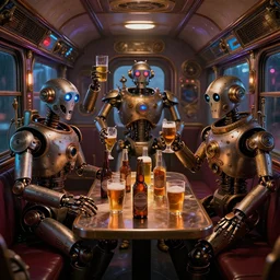 3 steampunk robot having a party inside a luxury nightliner tourbus, a table with many bottles of beer and wiskey, exaggerated detailed, unreal engine, subtle multicolored light, 3 5 mm lens