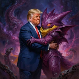 donald trump hugging gengar cosmic horror painting, elegant intricate digital painting artstation concept art by mark brooks and brad kunkle detailed