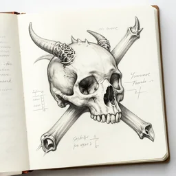 The skull and cross-section of a dragon, field journal, sketch, marginalia, notes, measurements