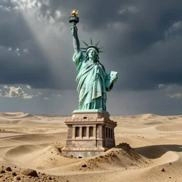 the statue of liberty destroyed and half buried in the sand like in the movie planet of the apes