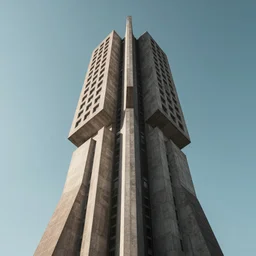a sci - fi brutalist monument built in brutalism architecture, unique geometry, so tall it pierces the heavens, photography