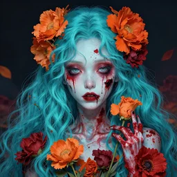 beautiful portrait of zombie princess with flowers, cyan, orange and red color scheme, by Chie Yoshii, Jean James and Hans Zatzka, hyperfine detail, cgsociety