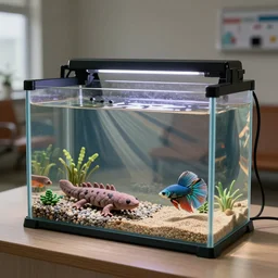 fish tank in hospital waiting room. newt. plasticine models in water. gravel. siamese fighter fish. sand. stop motion. john craxton.