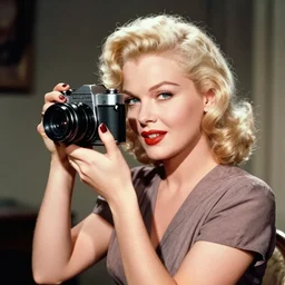 an analog 4x5 camera portrait photography of a 1940s hollywood starlet actress, blonde, vivacious, demur, cinematic, portrait color glamour, hq, detailed