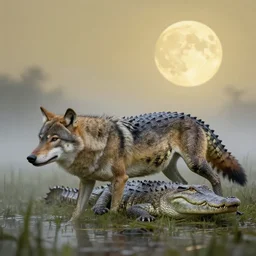 A photo of a wolf-crocodile chimera prowling a misty swamp, yellowish moon in the sky, crocodile scales instead of fur, furless, reptile scales, made in photoshop