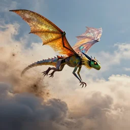 Particles of dust flying dragon in the windy clouds, vibrant colors, dynamic dramatic shot, cinematic angle, 8k quality, award winning photograph, ArtStation, high resolution.