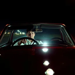 jay leno driving christine, a 1 9 5 8 red plymouth fury, horror, stephen king, christine's head lights are glowing eerily.