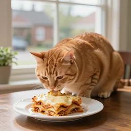 fat orange tabby cat eating lasagna on a table, afternoon, by grant wood, neighborhood outside window