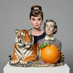 beautiful studio photograph of a surrealist assemblage of audrey hepburn and a bengal tiger and an overripe orange, made of watercolor - painted plaster on a pedestal by ron mueck and matthew barney and rene magritte, hysterical realism intense cinematic lighting shocking detail 8 k