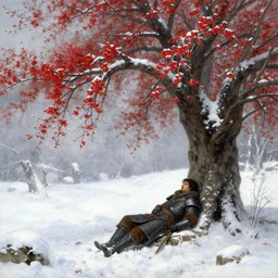 winter, a male warrior relaxing under a huge tree with red flowers, ground covered with snow, extreme long shot, fantasy, painting by gaston bussiere, craig mullins, j. c. leyendecker, trending on artstation