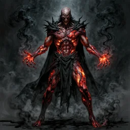 concept art of only one man, evil man in a menacing pose, with his body covered in burns, with black smoke coming out of his hands, full body, dark colors, sinister atmosphere, dramatic lighting, cinematic, establishing shot, extremely high detail, photo realistic, cinematic lighting, pen and ink, intricate line drawings, by Yoshitaka Amano, Ruan Jia, Kentaro Miura, Artgerm, post processed, concept art, artstation, matte painting, style by eddie mendoza, raphael lacoste, alex ross,