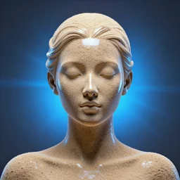 a wonderful symmetrical centered portrait of goddes with a beautiful face made of clear sand, one flash on top, one blue light flash behind, trending artstation, octane render 8 k