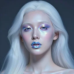 beautiful portrait of an arabian woman with holographic light makeup, glitched lipstick, porcelain hair, translucent skin, surreal, in the style of steven meisel, detailed