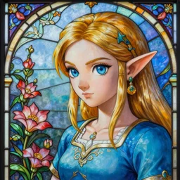 beautiful lifelike studio close - up painting of female zelda!!!. beautiful stained glass and intricate flower patterns. stunning composition, dreamy, bloom!!! very very intricate, trending on artstation, greg rutkowski, hyper detailed, 4 k, high quality, smooth, sharp focus