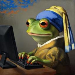 portrait of pepe the frog hacking a computer, oil painting by johannes vermeer, 1 7 th century, digital art, wet - on - wet technique, realistic, expressive emotions, intricate textures, illusionistic detail, peter mohrbacher, epic, artstation, vivid sky, junji ito, detailed hands, detailed faces,