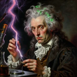 a baroque neoclassicist close - up portrait of a retrofuturistic evil mad scientist with crazy hair experimenting in a dark laboratory with purple pink green and orange lightning. renaissance portrait painting. highly detailed science fiction painting by norman rockwell, frank frazetta, and syd mead. rich colors, high contrast, gloomy atmosphere, dark background. trending on artstation