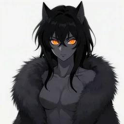 anime wolfgirl with shaggy black hair, glowing orange eyes, dark grey skin and furry arms, digital art, by Fernanda Suarez and and Edgar Maxence