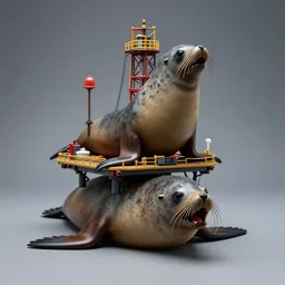 a toxic oil rig mounted on the head of a anguished south american fur seal, by justin gerard, ambient lighting, highly detailed, diorama model, zoom out, sharp focus