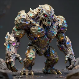 concept art of totally fractal bismuth rock giant golem, consists of rainbow bismuth fractalization, extremely high details, masterpiece, photorealistic, hyperrealism, vray, octane render, volumetric lighting, depth of field, bokeh, artstation, cgsociety by johannen voss, greg broadmore