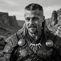 a cinematic view of wide bw photo from a very ornated old odin mixed with brad pitt viking, shaved haircut, mexican mustache, showing celtic tattoos in the head, using leather armour with necklace of teeth, naughty expression, photorealistic, volummetric light, depth of field, detailed, texturized, zeiss lens high professional mode