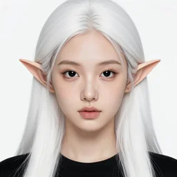 a beautiful portrait, white background, beautiful fantasy elf. black top, professionally retouched, soft lighting, realistic, smooth face, freckles on the nose, deep black eyes, black iris, black pupil, long white hair, cute ears, wide angle, sharp focus on the eyes, 8 k high definition, insanely detailed, intricate, elegant, beautiful, art by artgerm and wlop
