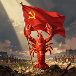 soviet propaganda poster of a lobster waving a red flag