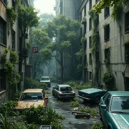 the exterior of an abandoned a city 🏢🏬 with trees growing everywhere with furniture and everything in deterioration, in the rain and with wrecked cars outside and weeds growing 🌿 on the walls, style artstation, style greg rutkowsk, comic art book,, octane render, unreal engine 6, epic game graphics, fantasy, ciberpunk, post - apocaliptic, ray tracing