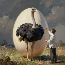 Researcher measures an ostrich egg, fantasy, painting