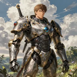 portrait of a medieval mech by ilya kuvshinov, cloudy sky background lush landscape ln illustration concept art anime key visual trending pixiv by victo ngai fanbox by greg rutkowski makoto shinkai takashi takeuchi studio ghibli