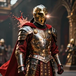 magical roman armor, red and black cloths, gold metal highlights, splash art, movie still, cinematic lighting, dramatic, octane render, long lens, shallow depth of field, bokeh, anamorphic lens flare, 8k, hyper detailed, 35mm film grain