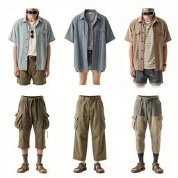 “ a grid of four example outfits of male summer fashion, sustainable, solar punk aesthetic, beachy summery, comfortable, cool, breathable ”