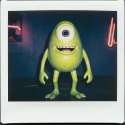 slimy green gary busey creature, 9 0 s toy commercial, photo from the 7 0 s, horror lighting, neon lighting, polaroid photo,