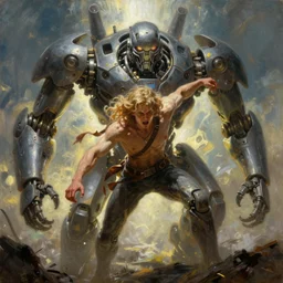 an epic painting of the last human struggling to defeat a mechanical art machine