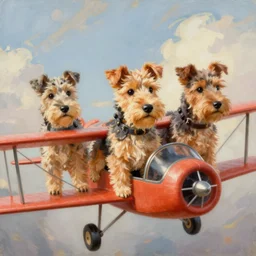 3 toy fox terriers flying a biplane, dog faces alert, beautiful painting, dappled fur pattern, style of tin tin