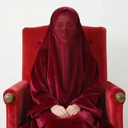 realistic photo of a blurred face of a girl, dressed in a red velvet burqa, sitting on a throne in a red throne room, emitting aura, 1 9 6 0, life magazine photo, natural colors, metropolitan museum, kodak, 8 k, very detailed, high resolution, product photo,