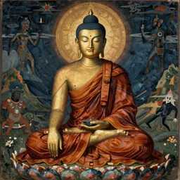 an ancient buddhist monk, by asaf hanuka, by caspar david friedrich, by wangechi mutu, stipple, tibetan painting, indian art, soviet art, dichromatism, super - resolution, polyhedral, divine, powerful, accent lighting, cotton, corduroy, crochet, on path to enlightenment