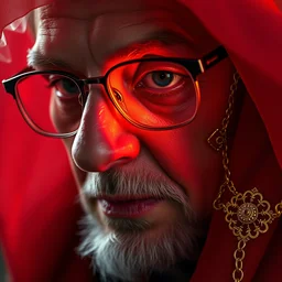 close up portrait of a necromancer todd solondz, clear todd solondz face, glasses, by tom bagshaw, red fabric, fiber of diamond and amethyst weaving into strands of gold and brass and iron metal filigree joining into carbon fiber strands, fractal shapes, dramatic lighting, ultra detail, close up, dof, smooth render, cinematic, octane render,