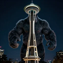 king kong on the Seattle Space Needle at night dramatic lighting, cinematic, establishing shot, extremely high detail, photo realistic, cinematic lighting, post processed, concept art, artstation, matte painting, style by eddie mendoza, raphael lacoste, alex ross