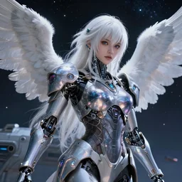 photo of a cyborg girl on a space ship, warframe armor, beautiful face, scifi, nebula reflections, angel, white hair, stars, professionally color graded, sharp focus, 8 k high definition, insanely detailed, intricate, innocent, art by stanley lau and artgerm